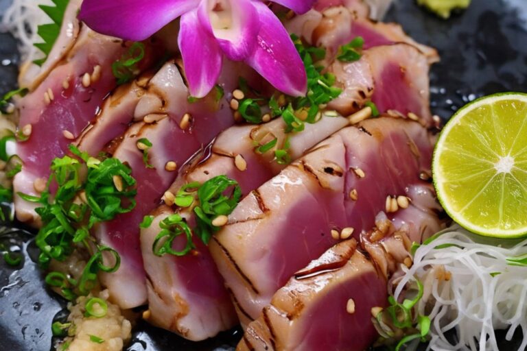 Wahoo Tataki | Thin-sliced seared wahoo, red onion, scallion, sesame seed with ponzu sauce | Saka - Original Asian Kitchen